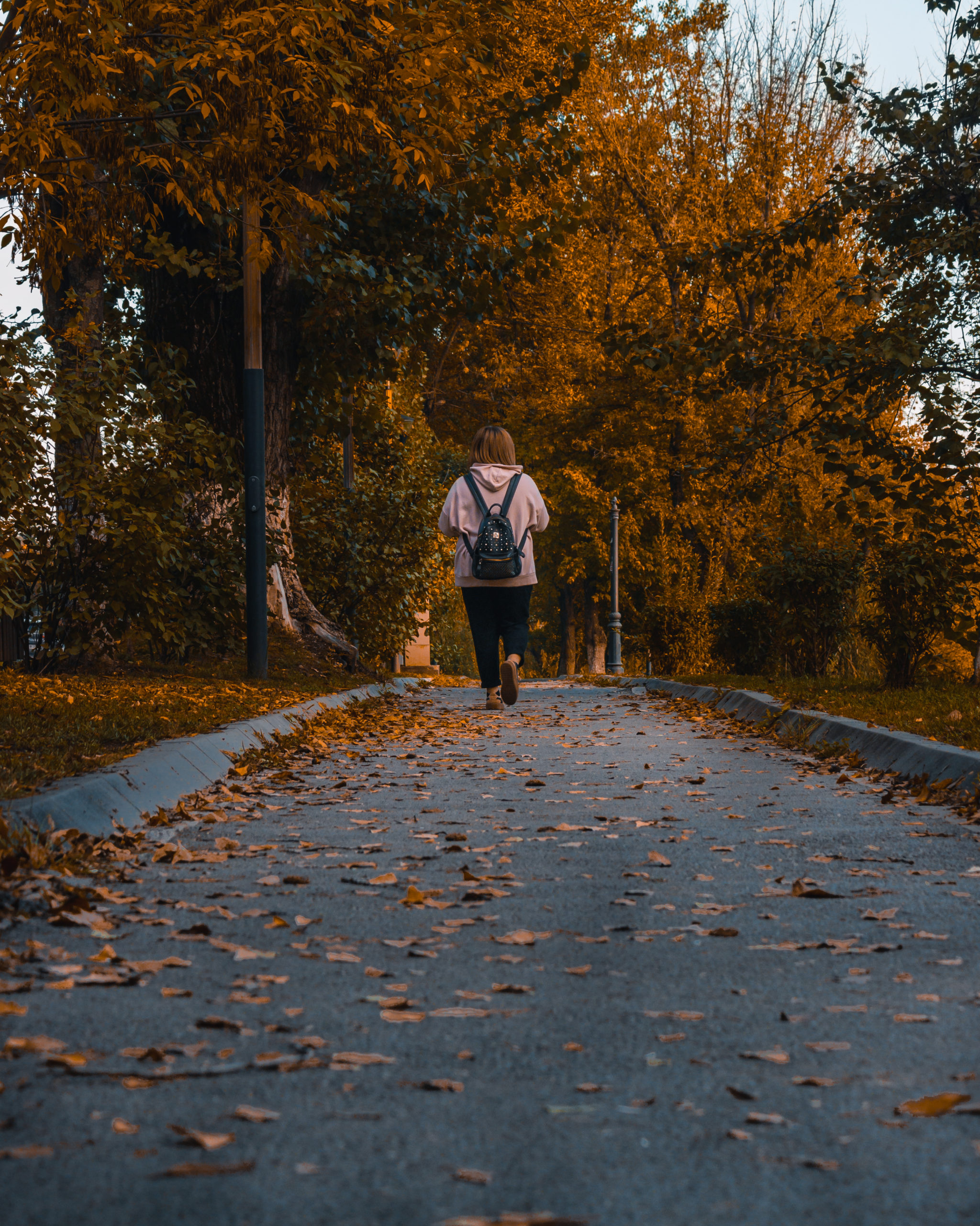 Back view of a young teenager girl walking in a park on an autumn day